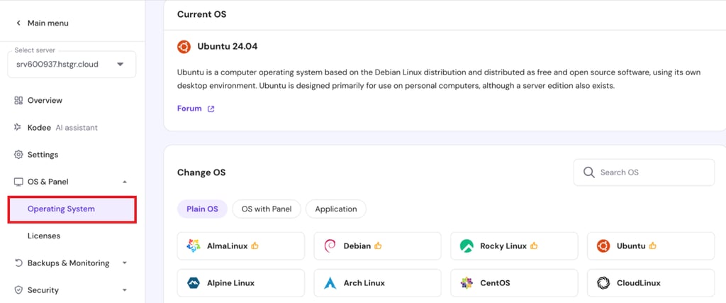 علامة تبويب Operating system مفتوحة في hPanel