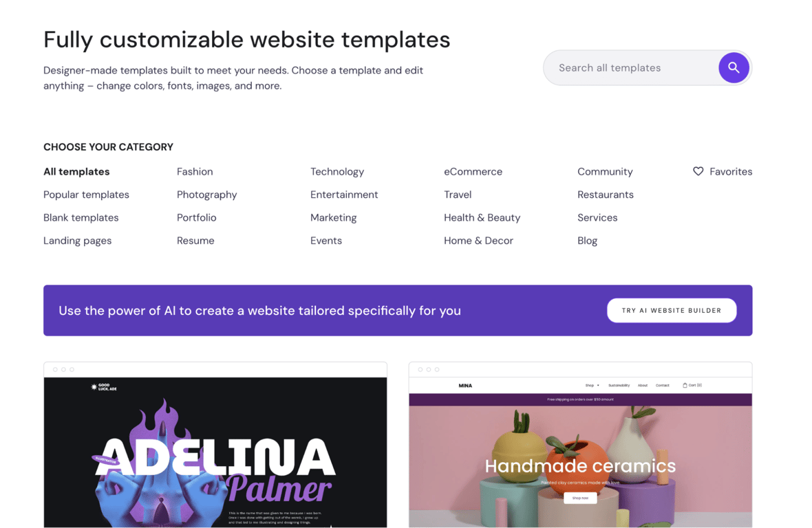 صفحة قوالب مواقع الويب الخاصة بـ Hostinger Website Builder