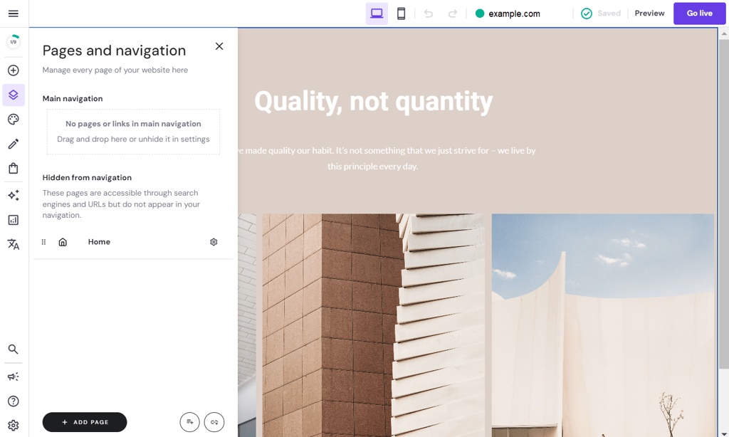 محرر الصفحات والتنقل في Hostinger Website Builder
