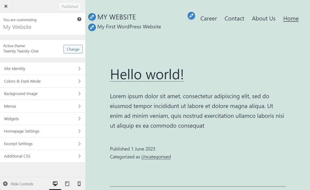 صفحة محرر قالب WordPress Twenty Twenty-One