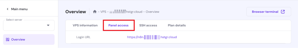زر إدارة التطبيق في صفحة نظرة عامة على VPS في hPanel