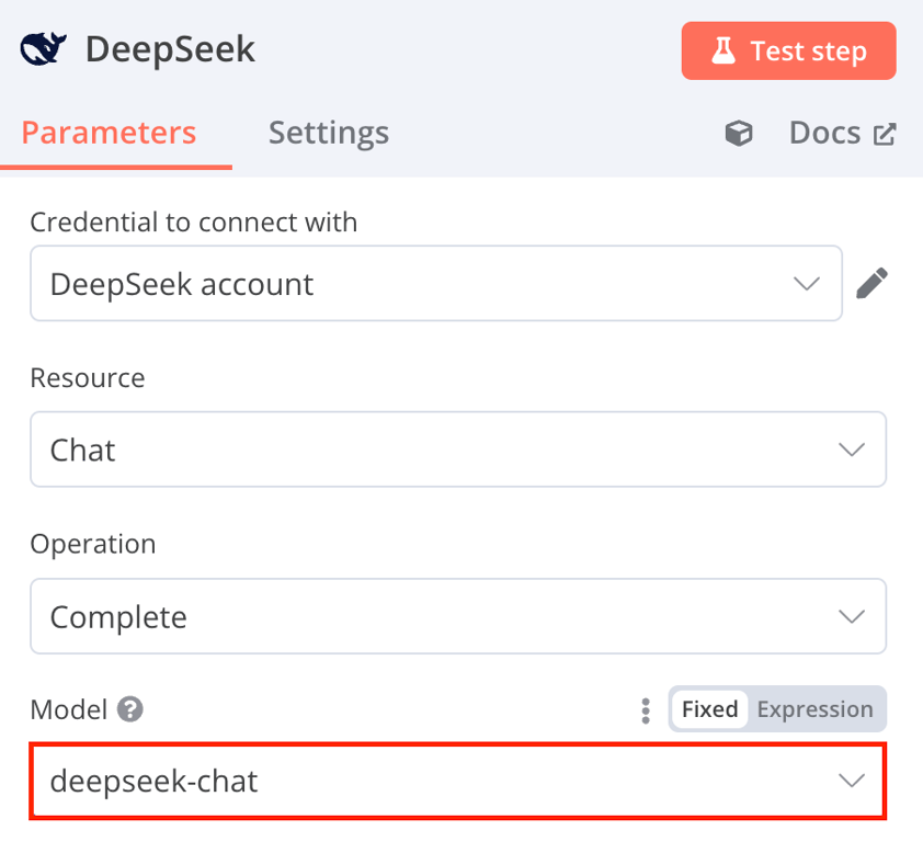 خيار deepseek-chat في حقل النموذج في مربع حوار تكوين DeepSeek