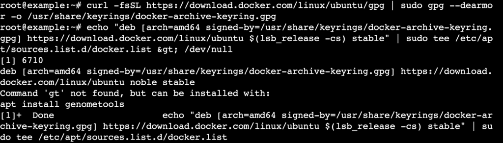 يُظهر ناتج Terminal عملية تنزيل مفتاح GPG الخاص بـ Docker باستخدام curl