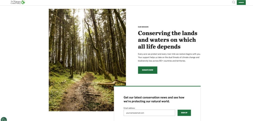 أزرار الدعوة لاتخاذ إجراء للتشجيع على التبرع والاشتراك في النشرة الإخبارية في صفحة The Nature Conservancy