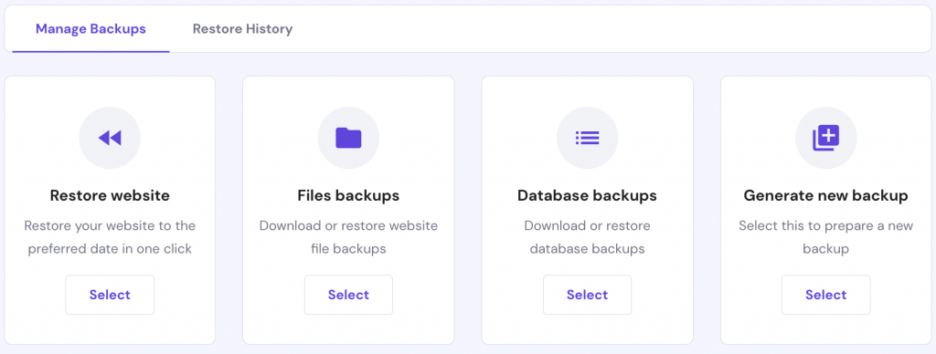 Backups dashboard within hPanel