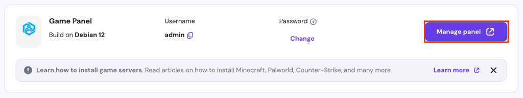 The Manage panel button in hPanel's game hosting