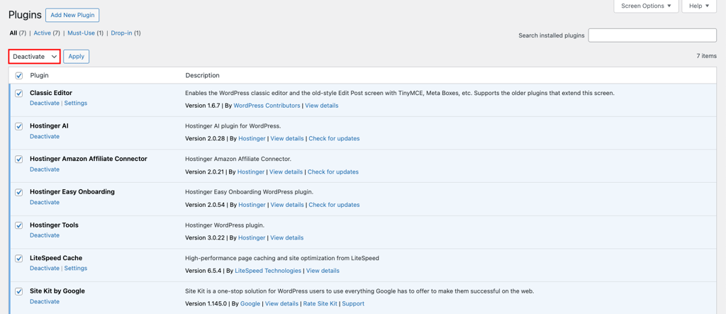 Bulk deactivate WordPress plugins