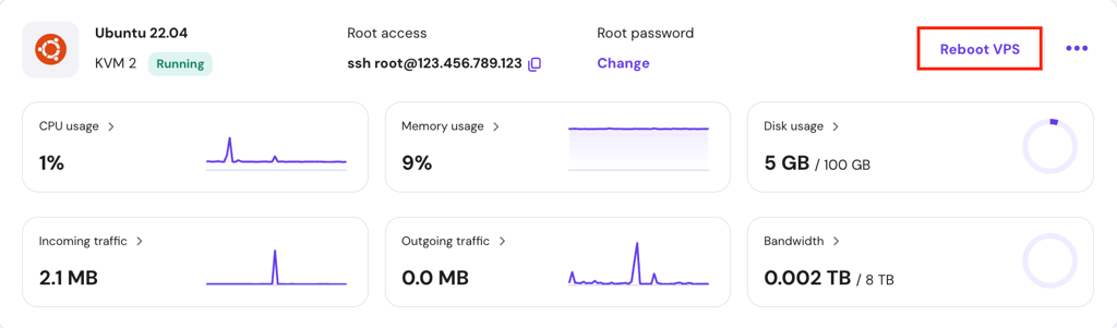 The Reboot VPS button in hPanel's VPS dashboard