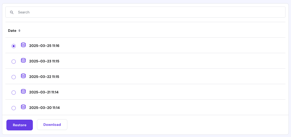 The database backup download button on hPanel