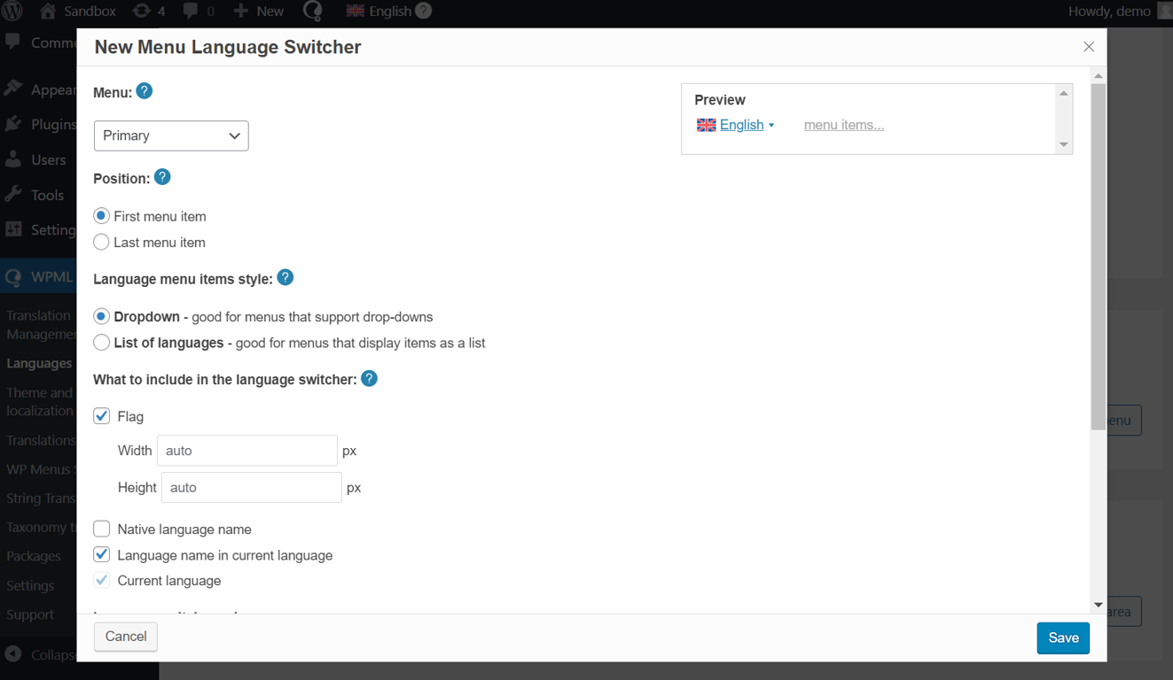 The dashboard screen to add the language switcher