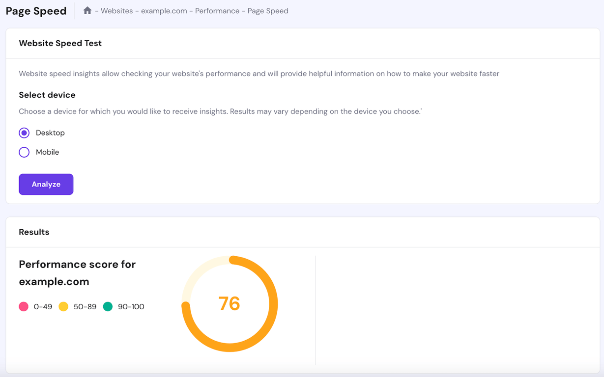 Website page speed analyzer in hPanel