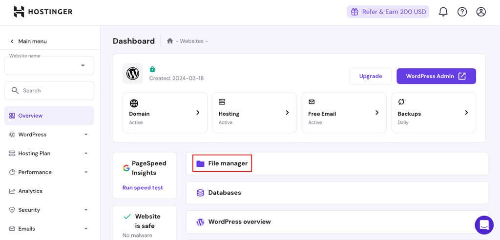 File Manager location in hPanel
