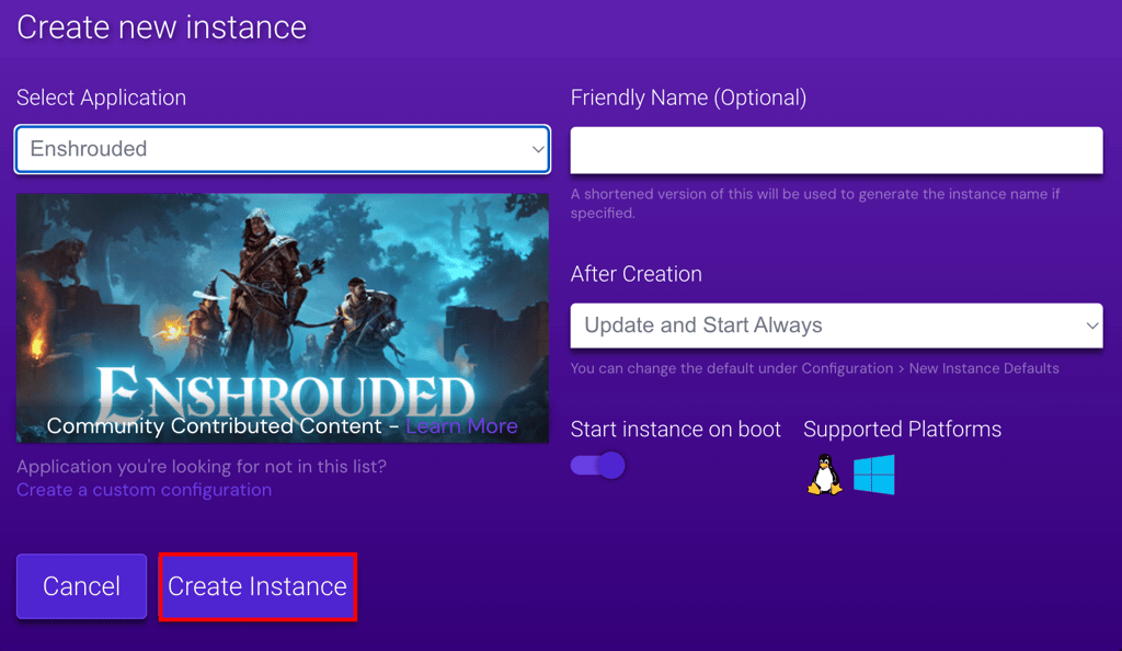 Game panel enshrouded instance creation screen