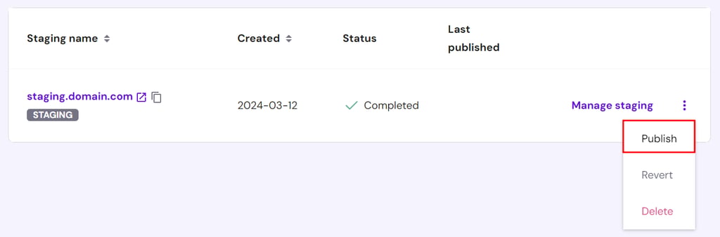 WordPress staging site list, highlighting the button to push changes from the staging site to the live one