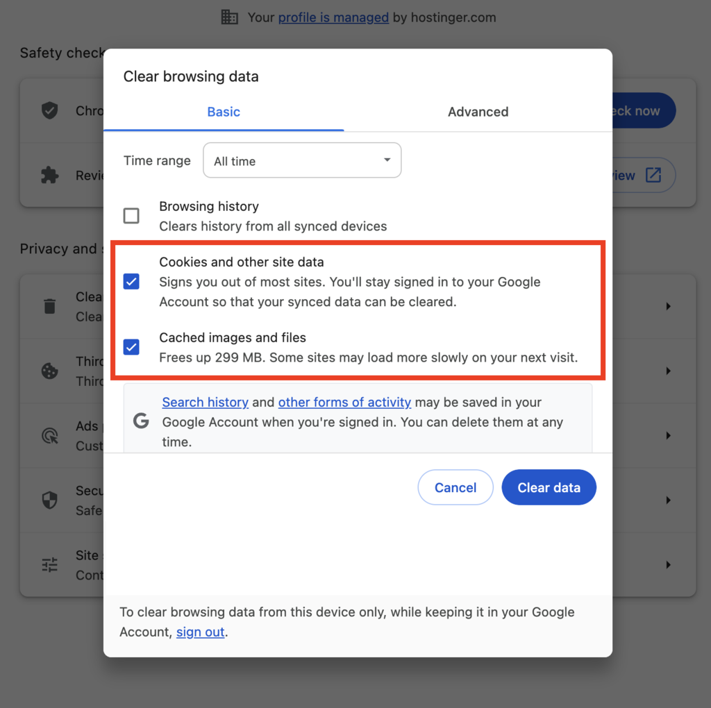Cookies and cached images checkboxes selected and highlighted