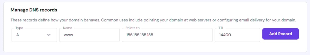 DNS record management in hPanel