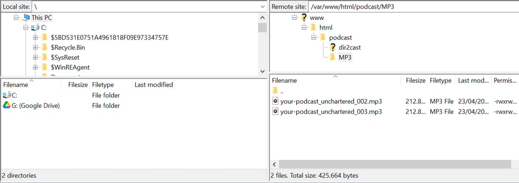 FileZilla user interface after connecting to the podcast server