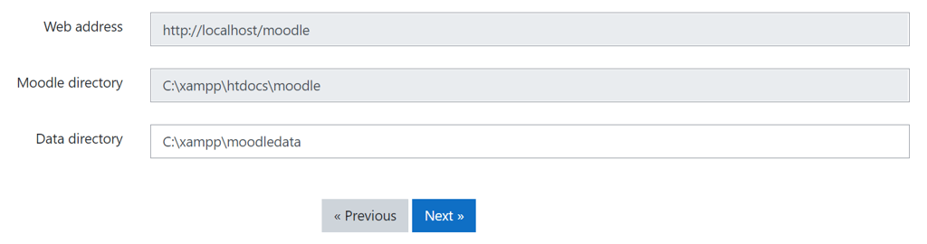 Screenshot of the Paths section of Moodle localhost installation Moodle installation paths page