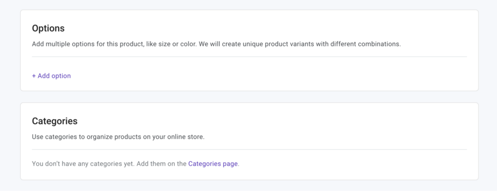 Options and categories sections closeup