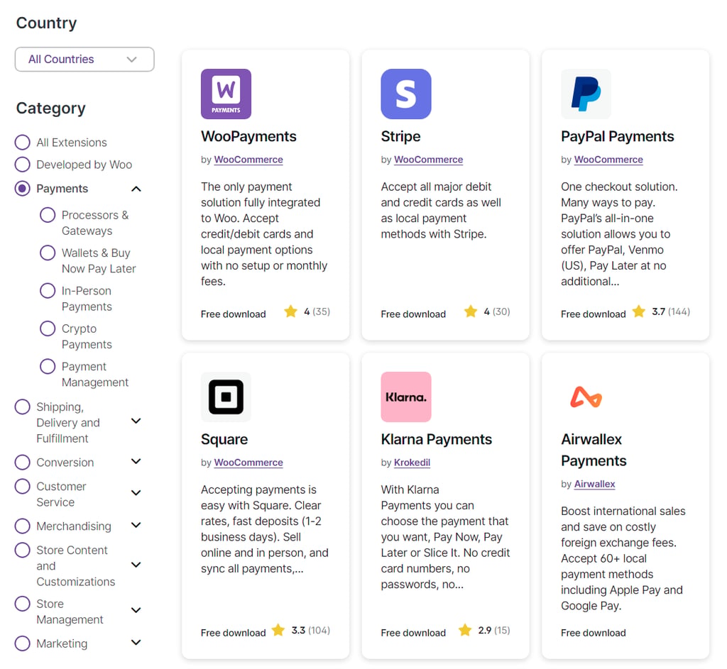 WooCommerce extensions for payment methods.