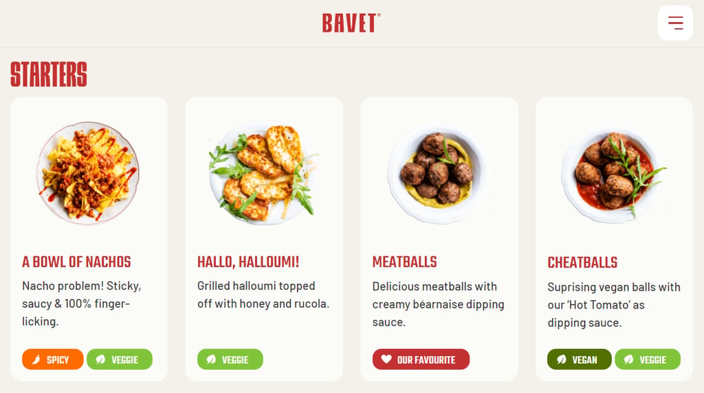 Bavet includes senses in its menu item descriptions