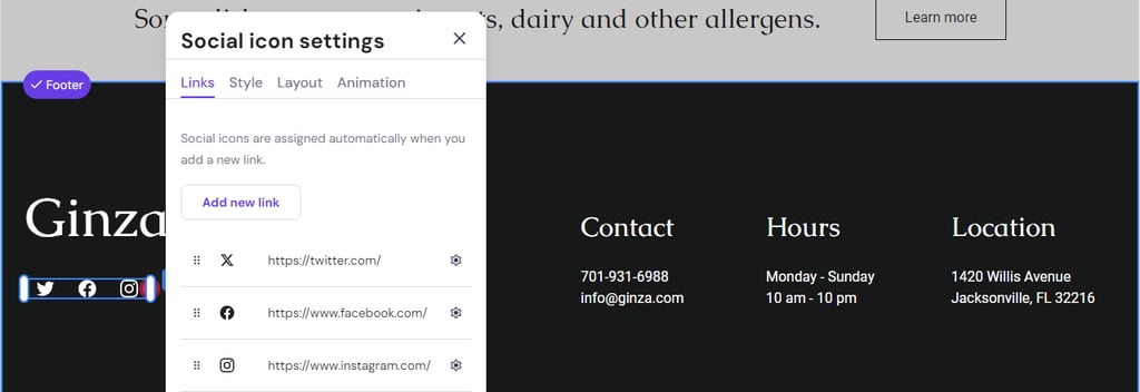 The Social icon settings pop-up window on Ginza's Menu page