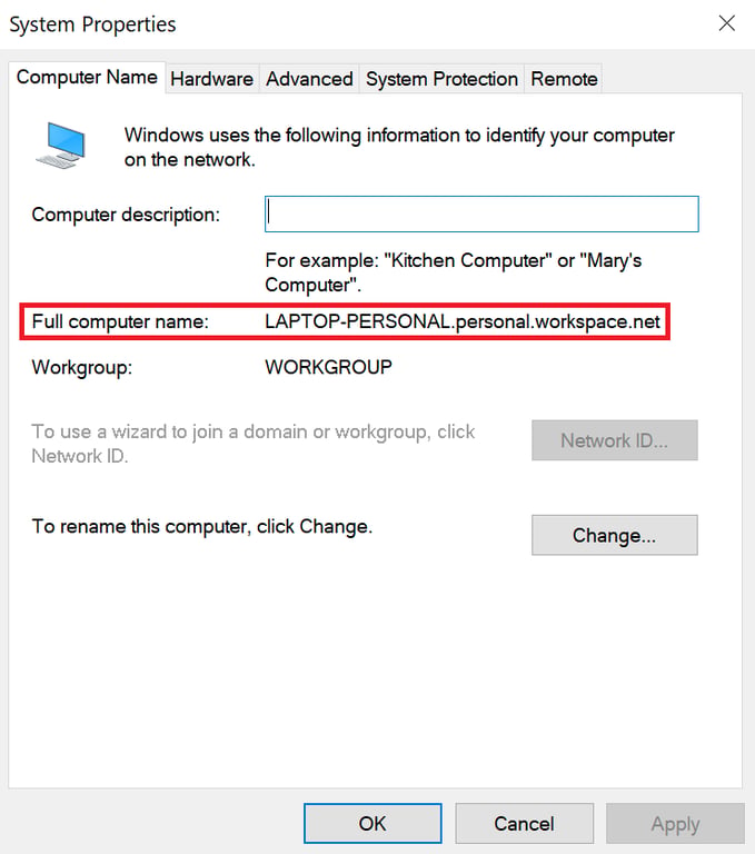Windows system properties, highlighting the computer name