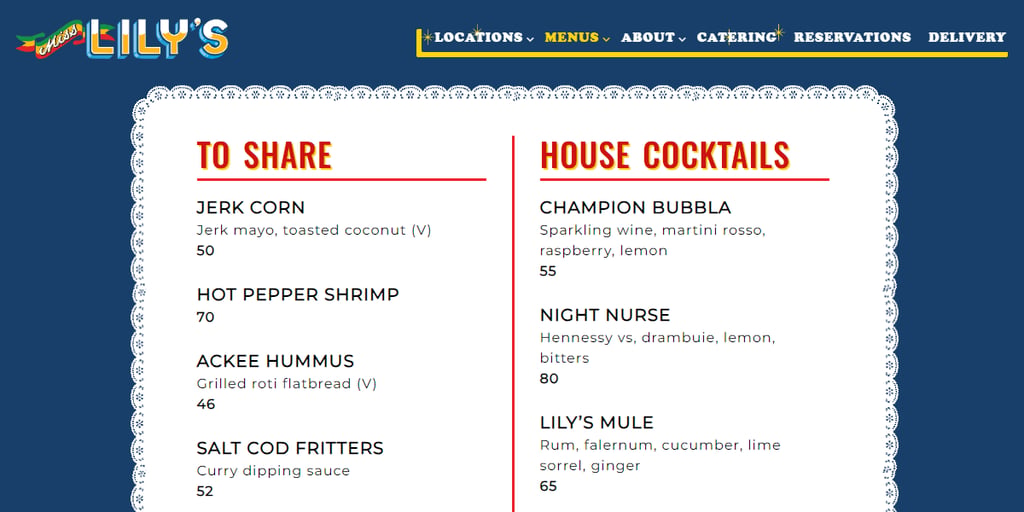 Miss Lily's pricing omits currency sign and rounds up numbers