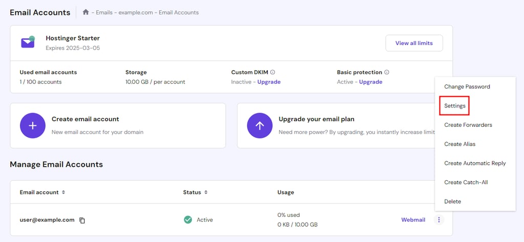The email management feature in hPanel with the Settings button highlighted in red