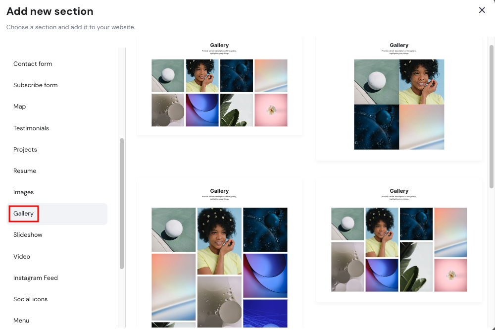 Hostinger AI Website Builder add new section gallery option