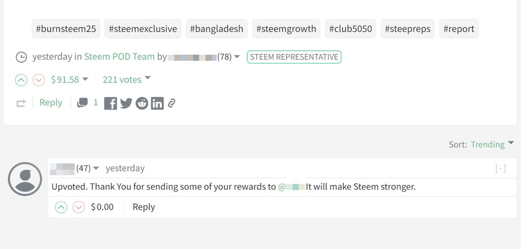 A screenshot showing a summary of a post on Steemit with a reply and typical action buttons, as well as the currency reward system for interactions.