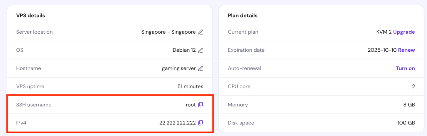Server SSH login credentials in hPanel's VPS Overview page