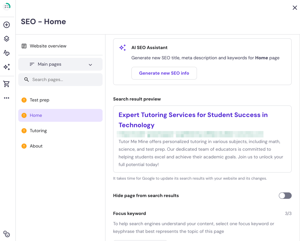 Hostinger Website Builder SEO settings page