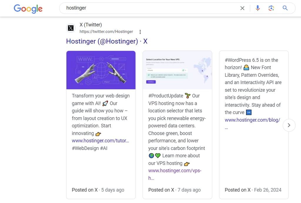 Hostinger X posts showed on SERPs