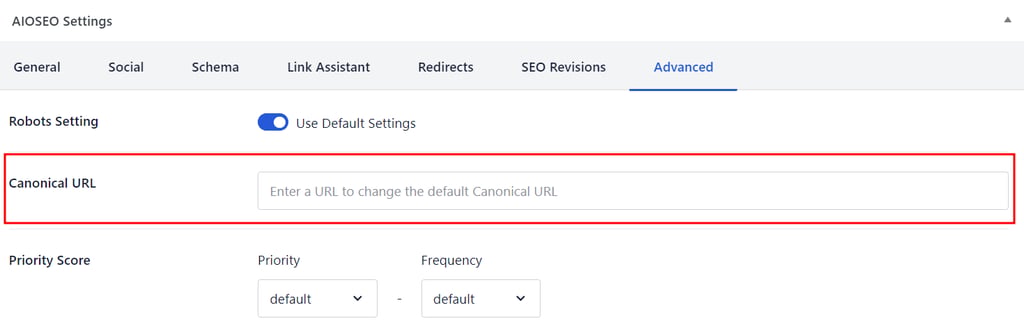 The Canonical URL field in the Advanced AIOSEO settings tab