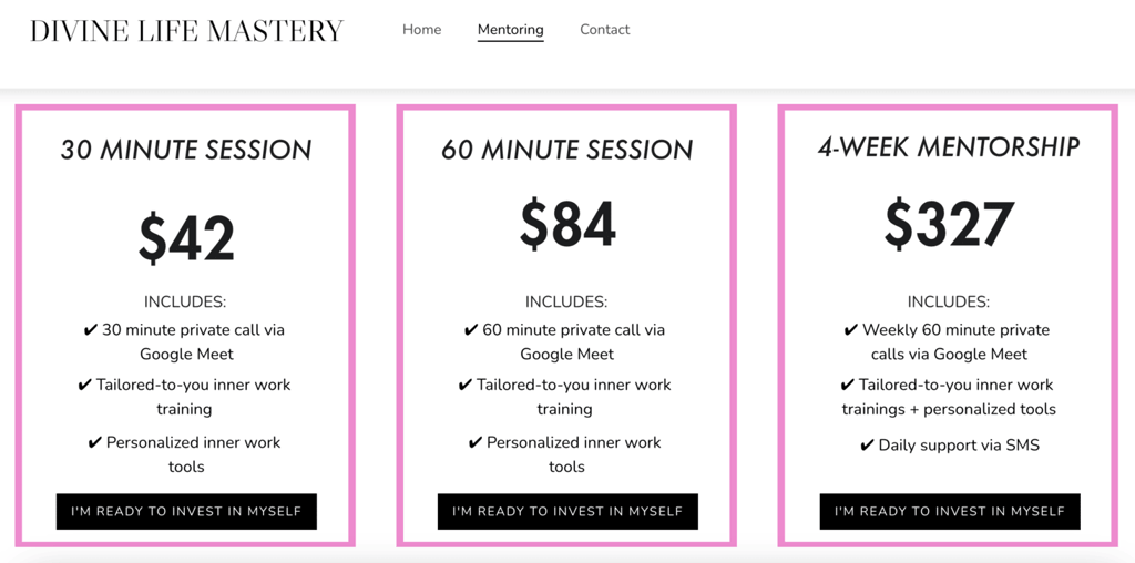 Product page of Divine Life Mastery, showing different pricing plans