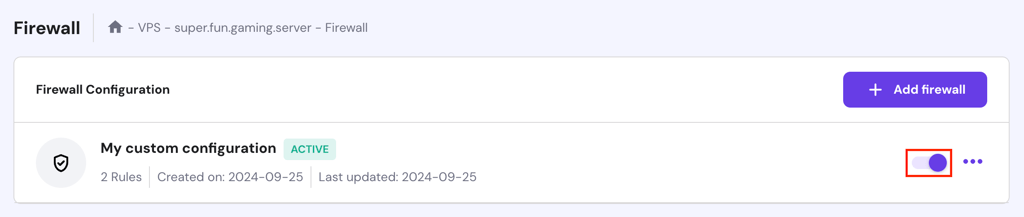 Activating the new firewall configuration in hPanel's VPS