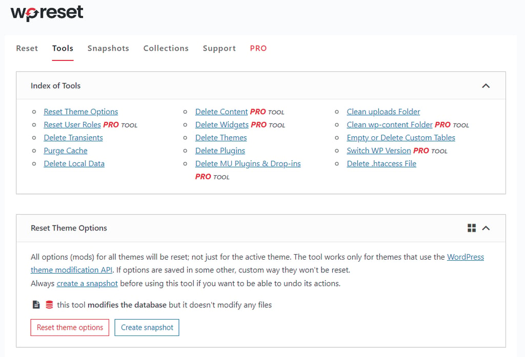 The WP Reset plugin's dashboard with the Tools tab opened