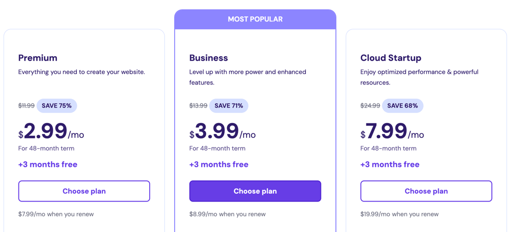 Plan selection on Hostinger's WordPress hosting page