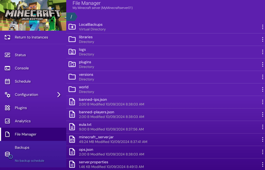 The File Manager menu in Game Panel