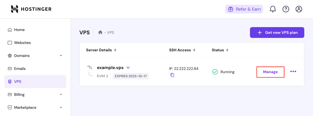 The Manage button in hPanel's VPS section