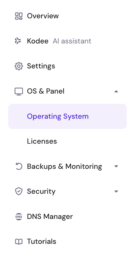 The Operating System menu in VPS dashboard's left sidebar of hPanel