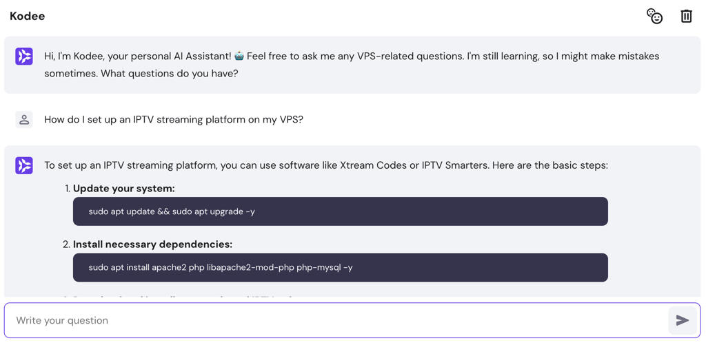 Kodee AI Assistant generates an instruction to set up an IPTV streaming platform