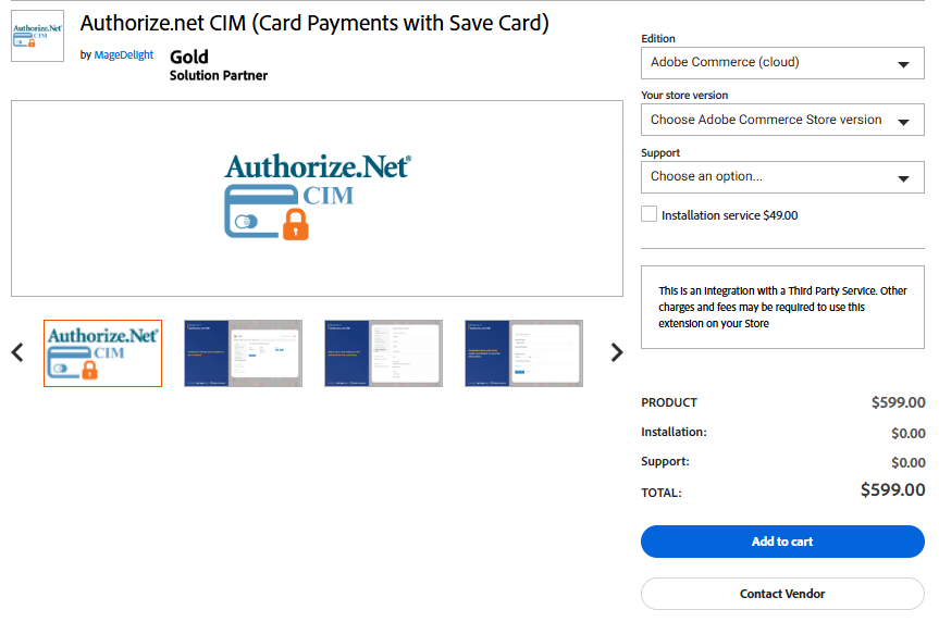 A screenshot of Authorize.Net product page on Adobe commerce marketplace