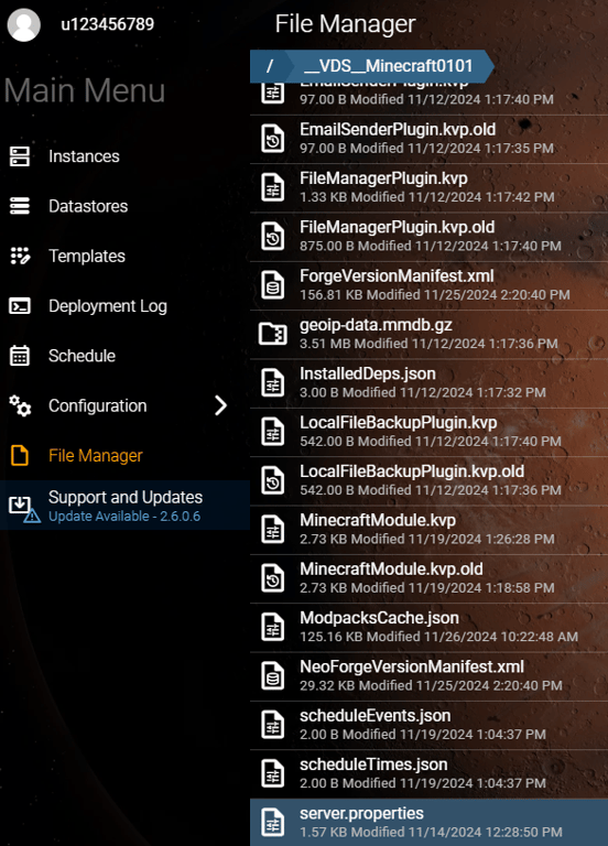 The Hostinger Game Panel's File Manager, showing the Minecraft server.properties file highlighted