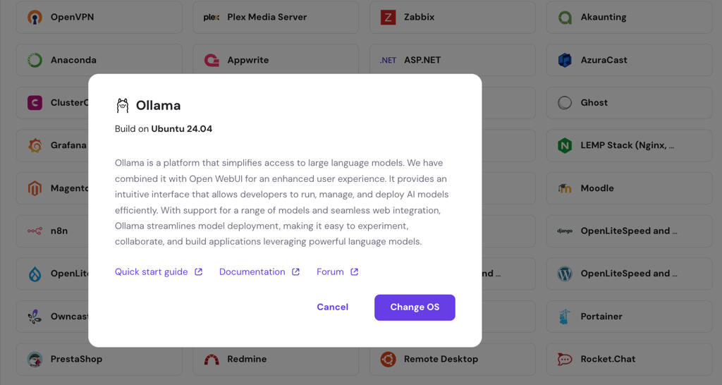 The Ollama VPS template pop-up in hPanel dashboard.