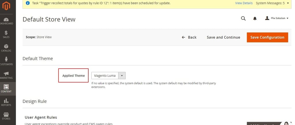 Selecting a new Magento default store view using applied theme option on Magento dashboard