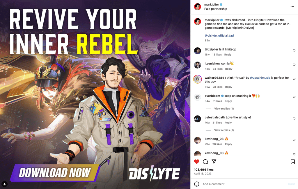 Markiplier's sponsored post