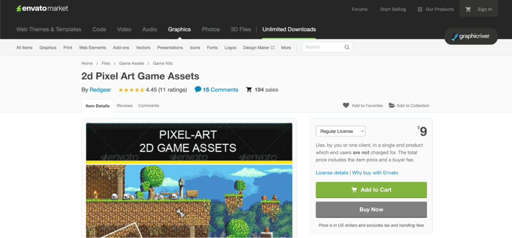 An example of 2D pixel art being sold on Envato Market