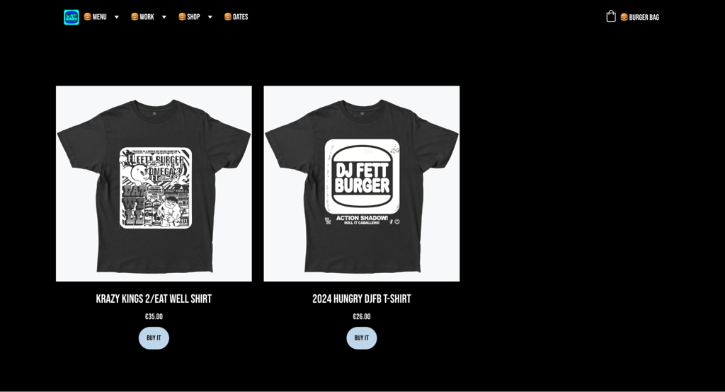 Fettburger's online art store with the t-shirt category on display